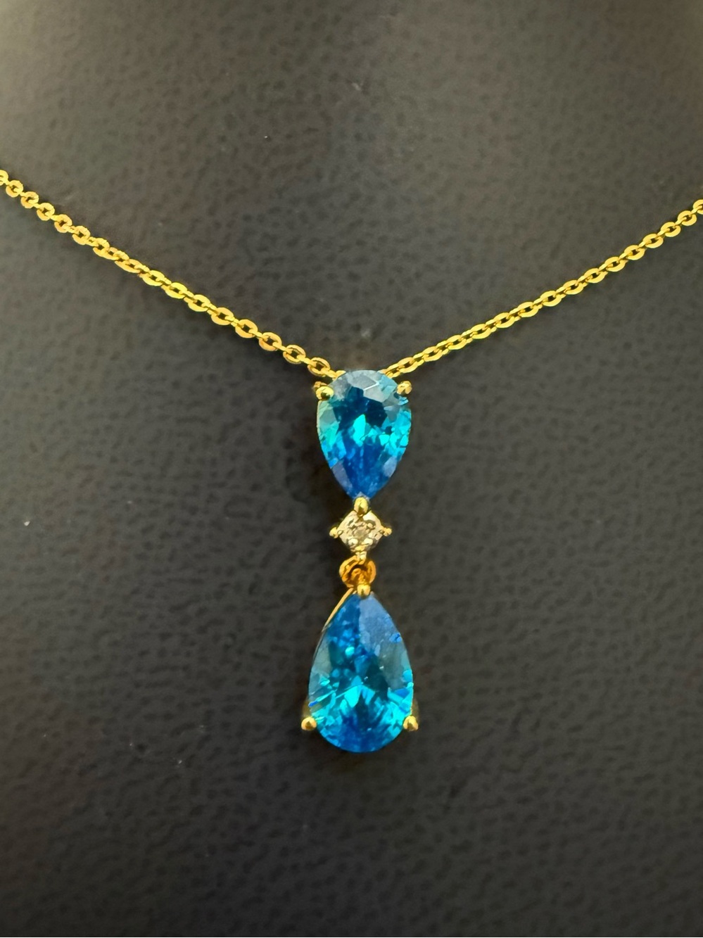 925 Gold Vermeil Simulated Swiss Blue Topaz Cubic Zirconia Double Pear Necklace